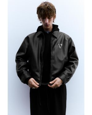 Pull&Bear Leather Effect Trucker Jacket - Black