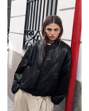 Pull&Bear Leather-Effect Bomber Jacket With Fireman Clasps - Black