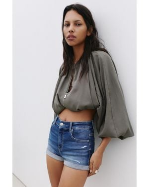 Pull&Bear Mid-Waist Denim Shorts - Blue