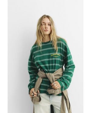 Pull&Bear Striped Text T-Shirt - Green