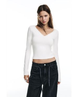 Pull&Bear Lace Trim Neckline T-Shirt - White
