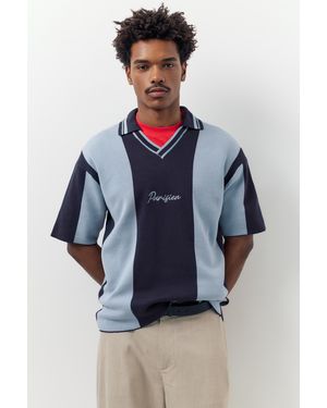Pull&Bear Embroidered Striped Knit Polo Shirt - Blue