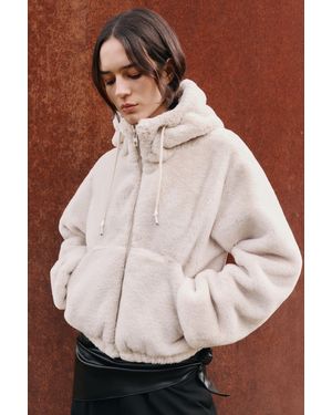 Pull&Bear Faux Fur Hooded Jacket - Brown