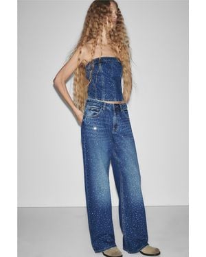 Pull&Bear Straight-Leg Baggy Jeans With Rhinestones - Blue