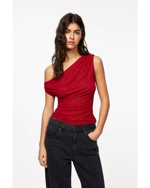 Pull&Bear Asymmetric Rhinestone Top With Gathering - Red