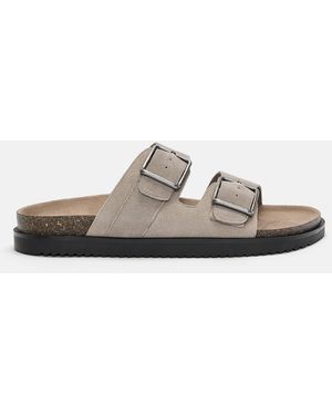 Pull&Bear Flat Leather Sandals With Buckle - White