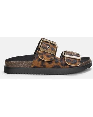 Pull&Bear Flat Leather Animal Print Sandals - Brown