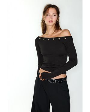 Pull&Bear Bardot Top With Ruffles - Black