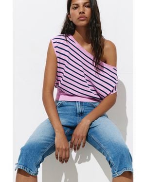 Pull&Bear Short Sleeve Asymmetric Knit Top - Pink