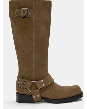Pull&Bear Leather Knee-High Biker Boots - Brown