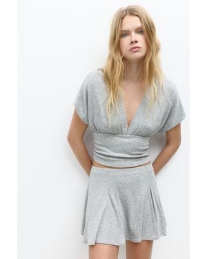 Pull&Bear Short Sleeve V-Neck Top - Grey