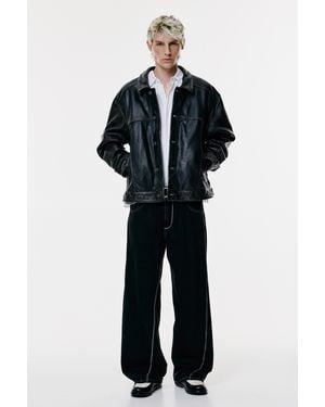 Pull&Bear Wide-Leg Contrast Stitch Jeans - Black