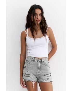 Pull&Bear Denim Shorts With Frayed Hems - Grey