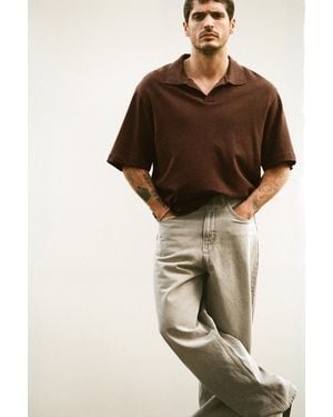 Pull&Bear Short Sleeve Textured Polo Shirt - Brown