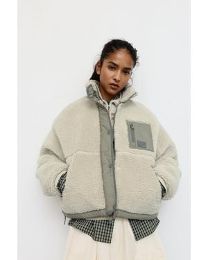 Pull&Bear Faux Shearling Jacket With Combined Fabric - Natural