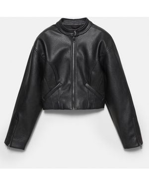 Pull&Bear Faux Leather Biker Jacket - Black