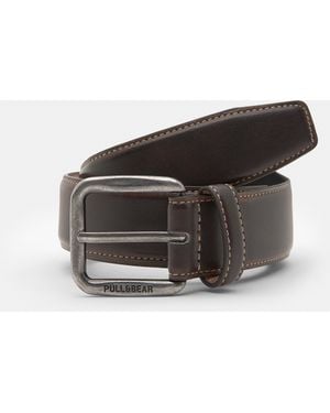 Pull&Bear Leather Effect Belt With Stitching - Black