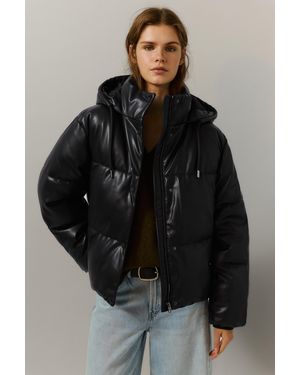 Pull&Bear Leather Effect Puffer Jacket - Black