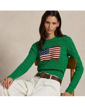 Ralph Lauren Flag Cable-Knit Cotton Cropped Sweater - Green