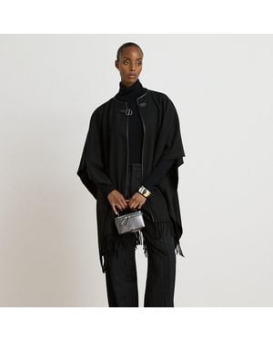 Ralph Lauren Buckle-Trim Herringbone Ruana - Black