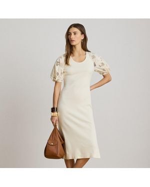 Ralph Lauren Rib-Knit Cotton Eyelet-Puff-Sleeve Dress - Natural