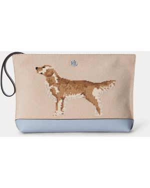 Ralph Lauren Large Dog-Embroidered Canvas Pouch - Natural