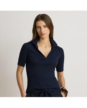 Ralph Lauren Jersey Elbow-Sleeve Collared Top - Blue