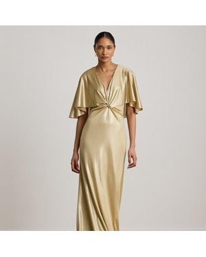 Ralph Lauren Metallic Jersey Twist-Front Cape Gown - Natural