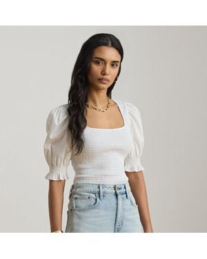 Ralph Lauren Smocked Cotton Jersey Puff-Sleeve Top - White