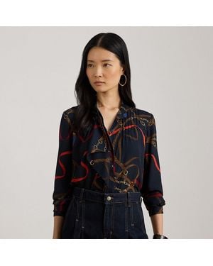 Ralph Lauren Print Ruffle-Trim Georgette Shirt - Blue