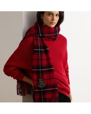 Ralph Lauren Plaid Embellished-Bullion Wool Scarf - Red