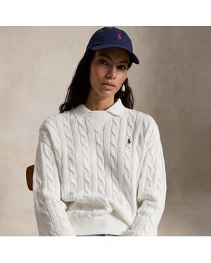 Ralph Lauren Cable-Knit Cotton Polo-Collar Sweater - White