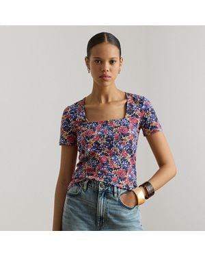 Ralph Lauren Floral Cotton Jersey Square-Neck Top - Blue