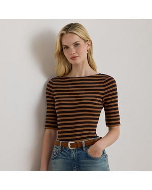 Ralph Lauren Striped Stretch Cotton Boatneck T-Shirt - Brown
