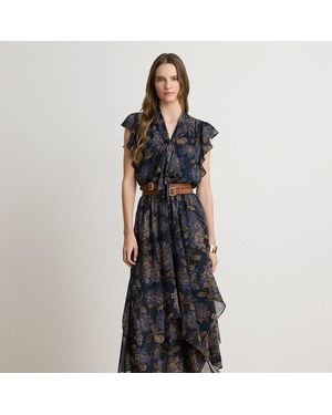 Ralph Lauren Floral Crinkle Georgette Tie-Neck Dress - Black