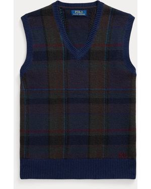 Ralph Lauren Plaid Wool-Cotton Sweater Vest - Blue