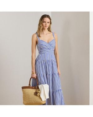 Ralph Lauren Striped Cotton Broadcloth Tiered Dress - Blue