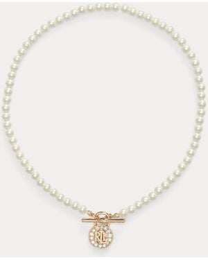 Ralph Lauren Faux-Pearl Logo Pendant Necklace - Metallic
