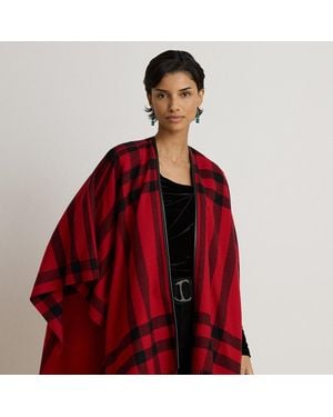 Ralph Lauren Plaid Fringe-Trim Ruana - Red