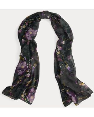 Ralph Lauren Floral-Print Cashmere Pashmina Scarf - Black