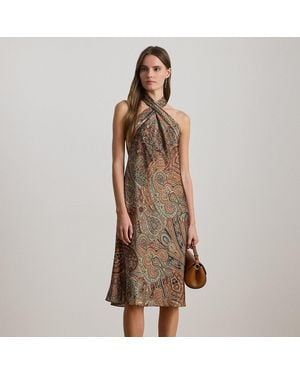 Ralph Lauren Paisley Charmeuse Halter Cocktail Dress - Brown