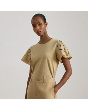 Ralph Lauren Eyelet Cotton Jersey & Broadcloth Top - Brown