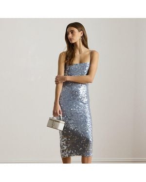 Ralph Lauren Tule Midi-Cocktailjurk Met Pailletten - Blauw