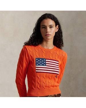 Ralph Lauren Flag Cable-Knit Cotton Cropped Sweater - Red