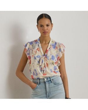 Ralph Lauren Floral Pintucked Tie-Neck Blouse - White