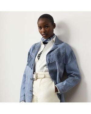 Ralph Lauren Rennie Fringe-Trim Lamb-Suede Jacket - Blue