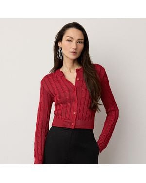 Ralph Lauren Cable-Knit Silk Cropped Cardigan - Red
