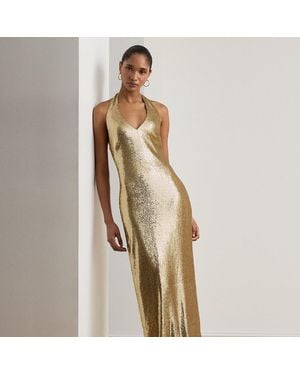 Ralph Lauren Sequined Tulle Halter Gown - Natural