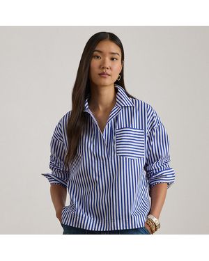 Ralph Lauren Striped Cotton Broadcloth Cropped Shirt - Blue