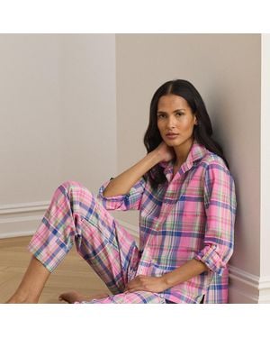 Ralph Lauren Plaid Lawn Roll-Tab-Sleeve Sleep Set - Purple